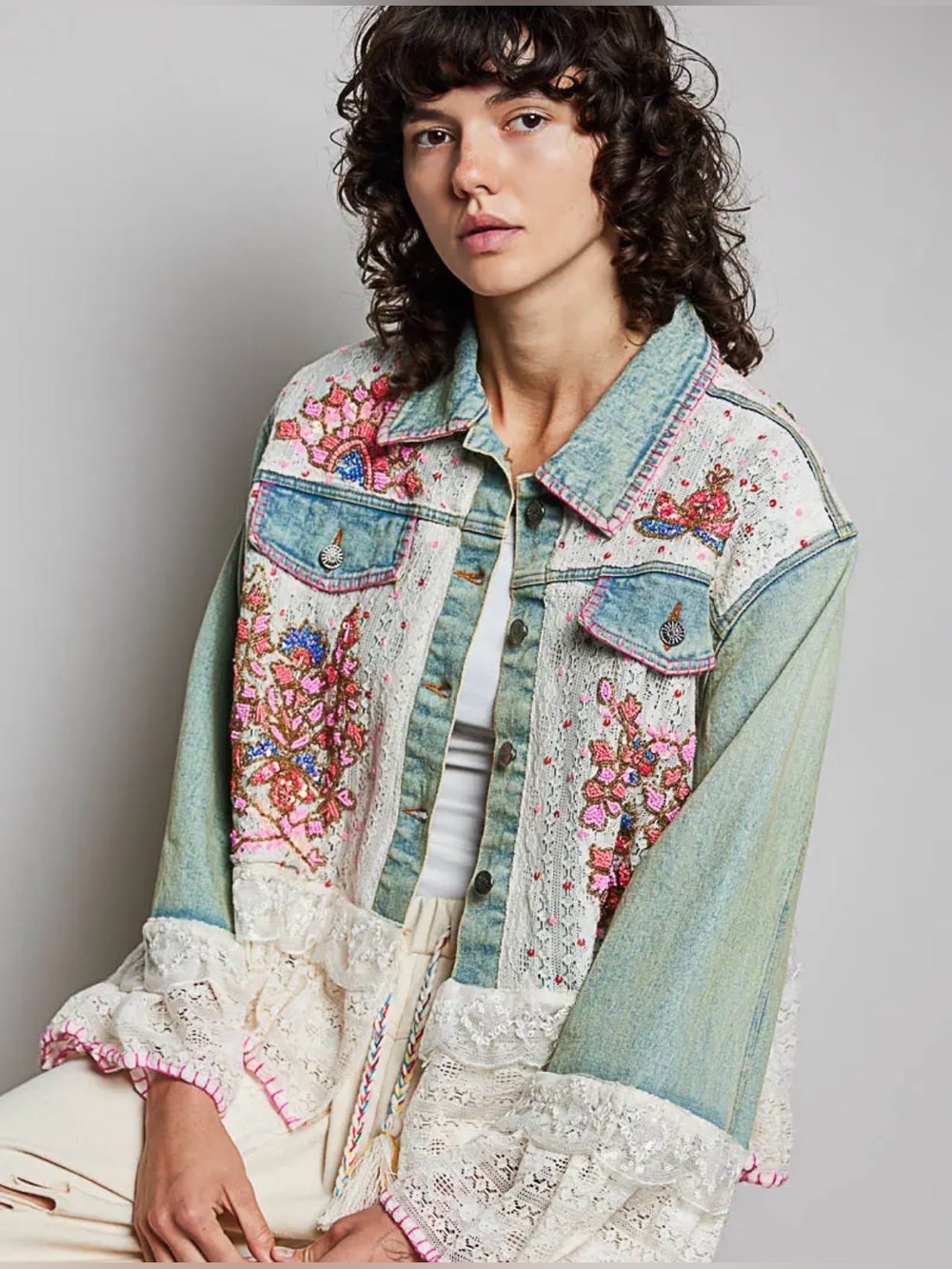 POL denim beaded sequin boho western lace patchwork floral jean jacket coat